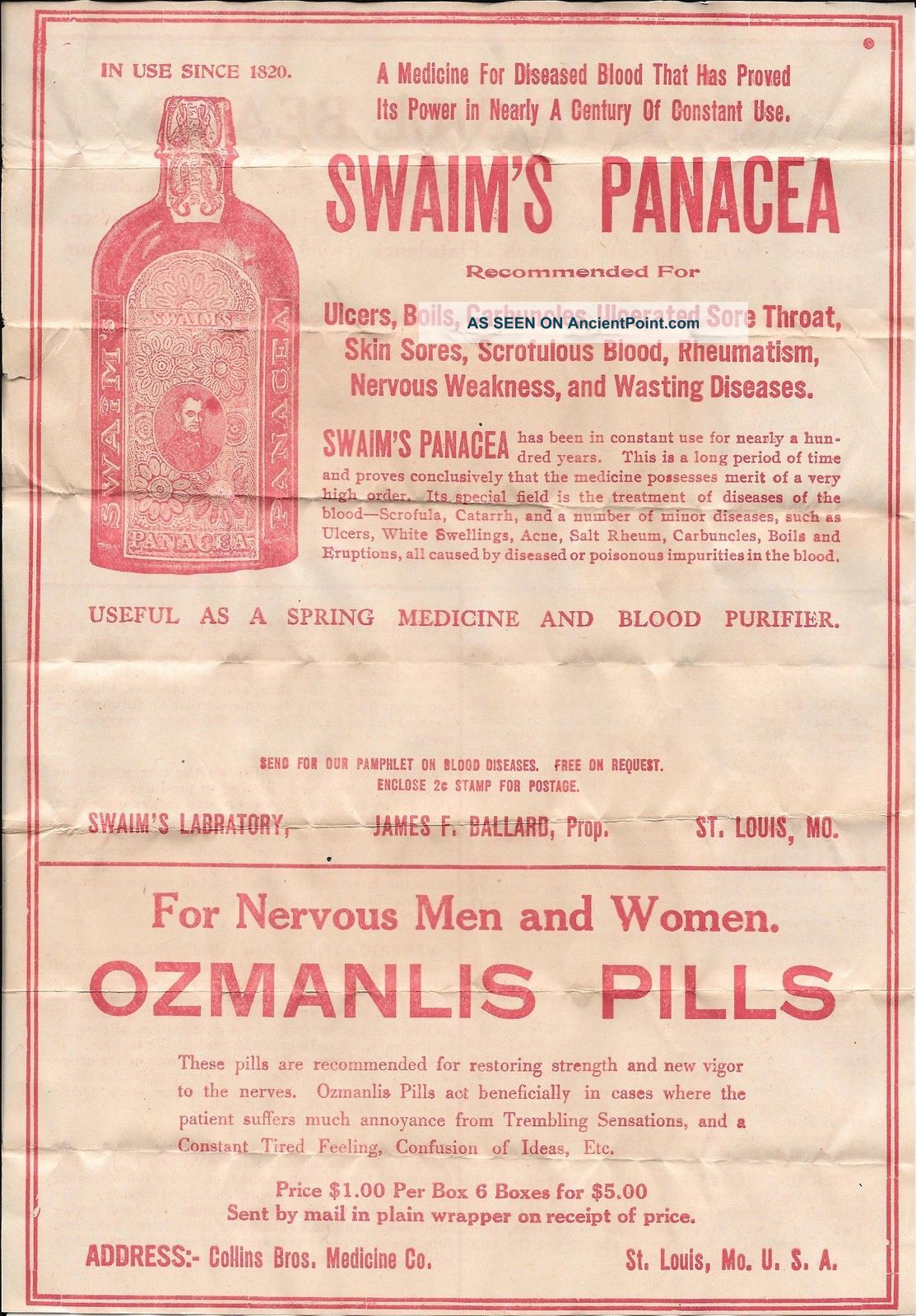 Antique Swaim ' S Panacea / Smith Bile Beans Ad.  Flyer With All Of The Right Stuff Quack Medicine photo