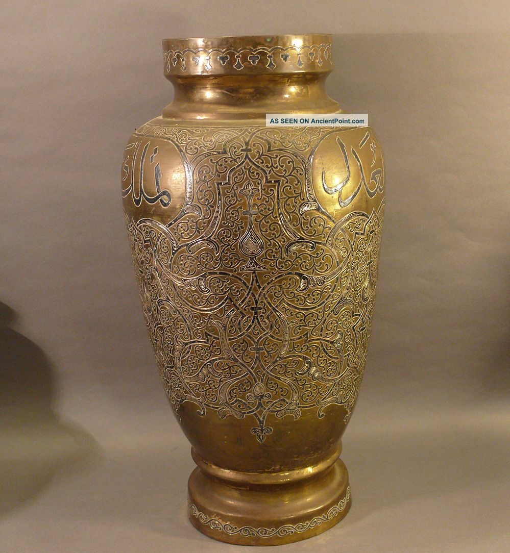 Massive Antique 19thc Persian Damascus Ware Silver Inlay Vase Islamic