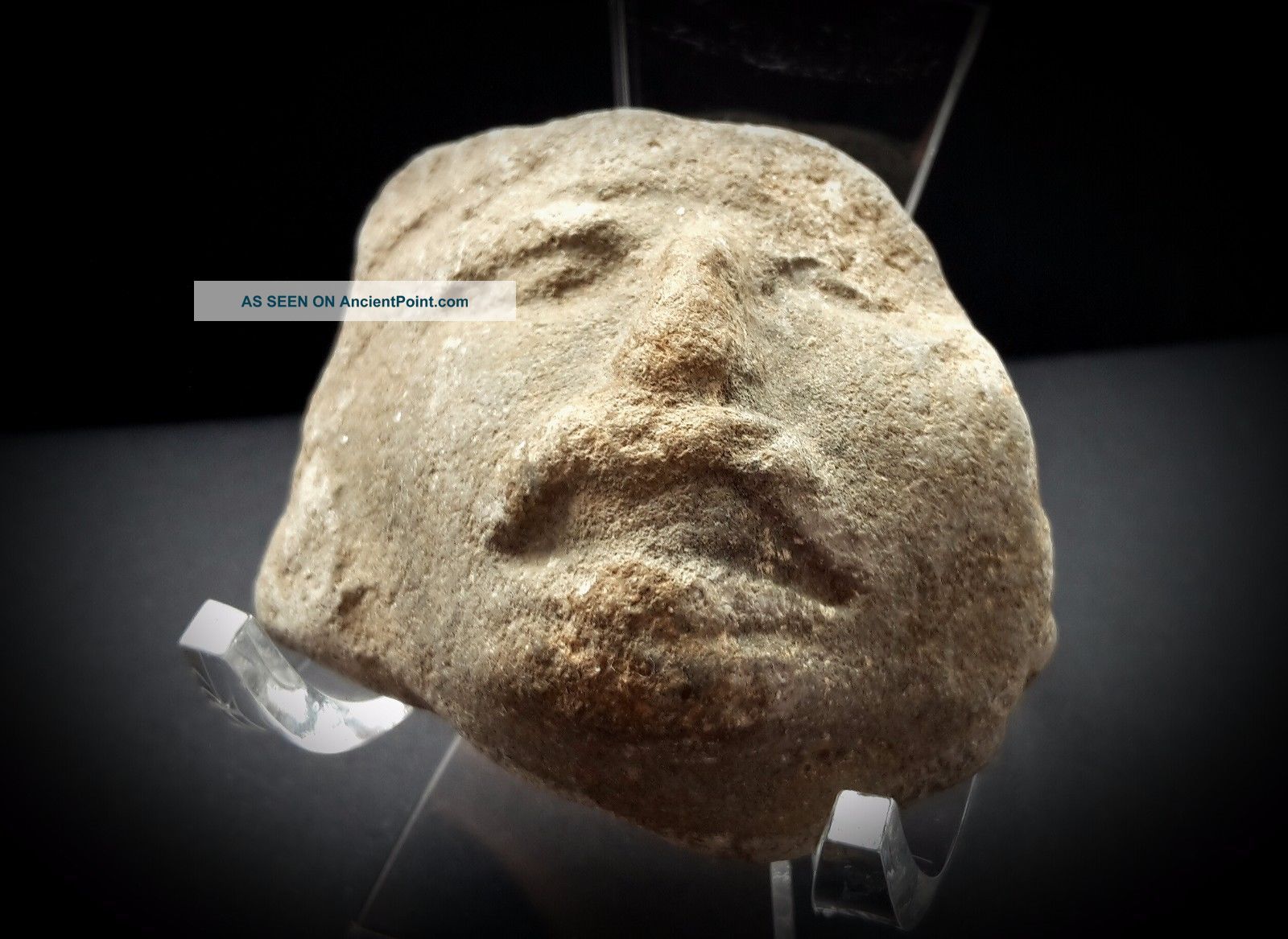 Pre - Columbian Grey Terracotta Idol Face On Perspex Stand 1st Millennium A.  D. The Americas photo