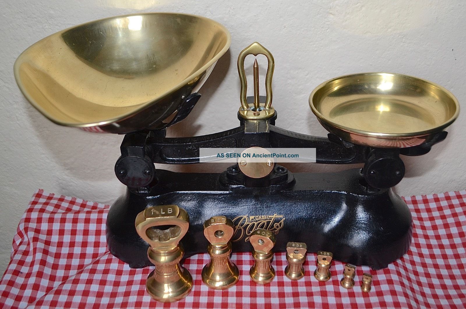 Vintage English Black Boots Cash Chemists Kitchen Scales 7 Brass Bell Weights Scales photo