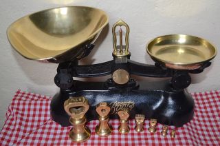Vintage English Black Boots Cash Chemists Kitchen Scales 7 Brass Bell Weights photo