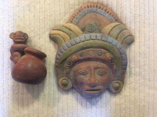 Pre - Columbia Jaguar Pot - Small And A 1920 - 1930 Aztec Pottery Head.  Very Cool photo