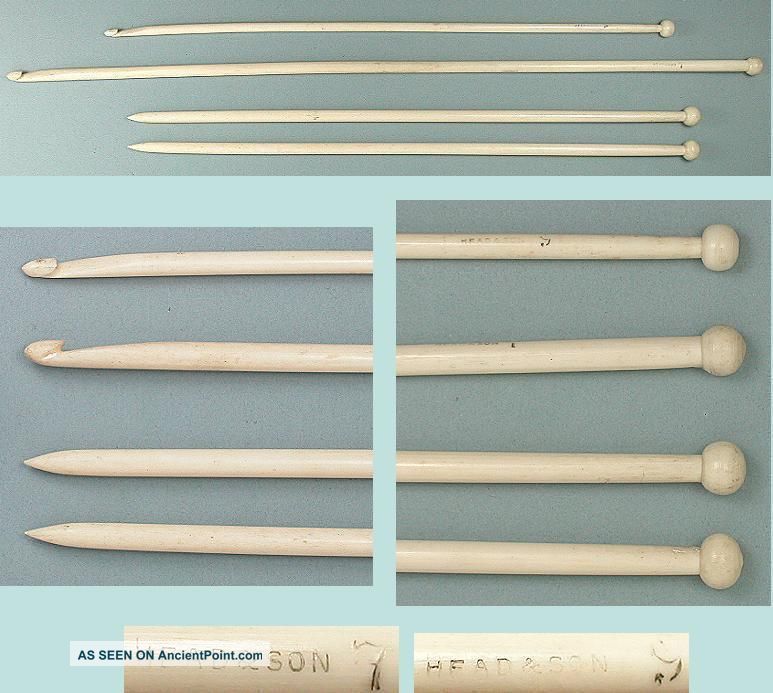 Antique Bone Knitting Needles & 2 Afghan / Tunisian Crochet Hooks C1890 - 1900s Other Antique Sewing photo