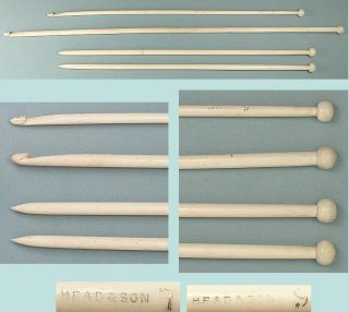 Antique Bone Knitting Needles & 2 Afghan / Tunisian Crochet Hooks C1890 - 1900s photo