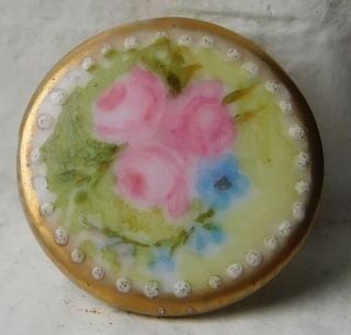 Small Antique Collectible Handpainted Porcelain Button Pink Roses Beading 13/16 