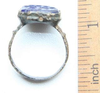Ancient Bronze Finger Pseudo - Heraldry Seal Ring With Blue Inlay (jun) photo