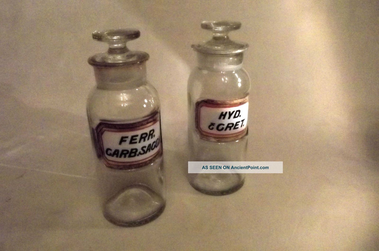 Pair Pharmacy Bottle,  Antique,  ' Hyd.  Gret & Ferr Carb.  ' Glass Label,  Stopper, Other Antique Science Equip photo