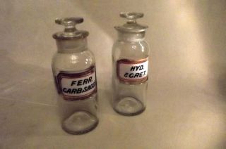 Pair Pharmacy Bottle,  Antique,  ' Hyd.  Gret & Ferr Carb.  ' Glass Label,  Stopper, photo