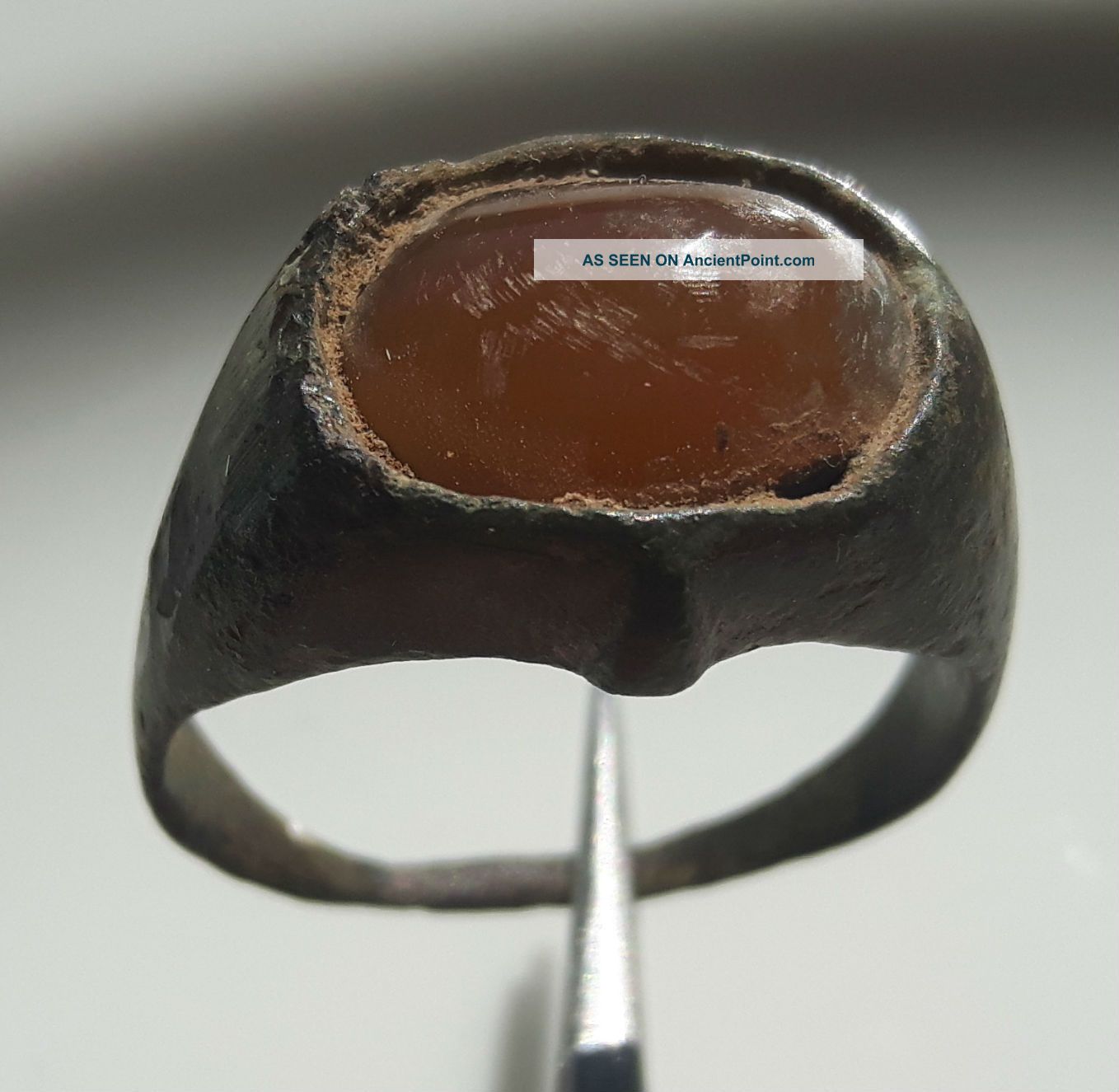Heavy Bronze Roman Ring With Orange Carnelian Stone Unique Work Rare Roman photo