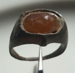 Heavy Bronze Roman Ring With Orange Carnelian Stone Unique Work Rare photo