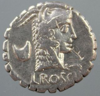 L.  Roscius Fabatus,  Silver Denarius Serratus,  Juno Sospita,  Serpent,  Rome,  59 Bc photo