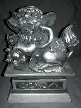 Heavy Silver Resin (?) Fu Foo Dog Lion Guardian Statue W/ Baby photo
