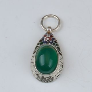 Chinese Cloisonne Silver Handwork Inlay Natural Jade Pendant G photo