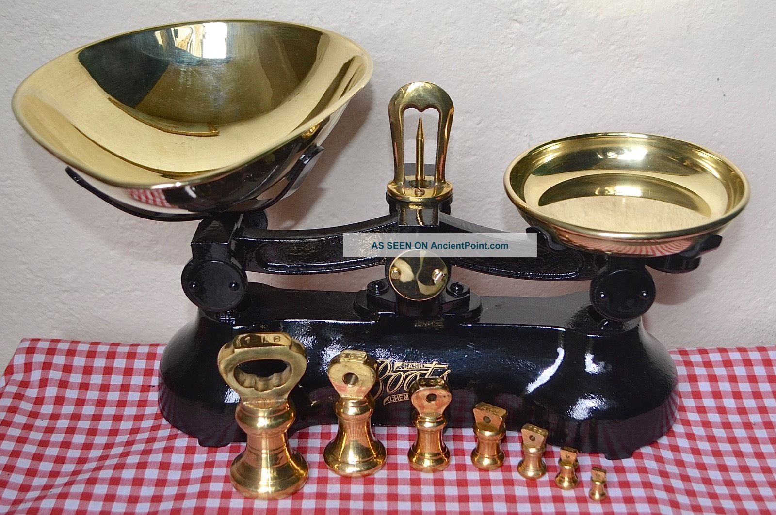 Vintage English Black Boots Cash Chemists Kitchen Scales 7 Brass Bell Weights Scales photo