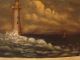 Vintage Folky Oil Painting On Board Minots Ledge Lighthouse 19th C.  Great Frame Folk Art photo 2