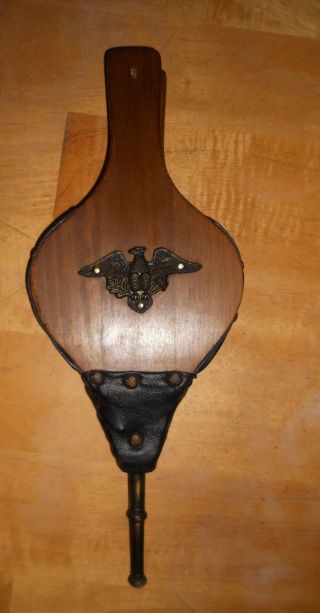 Vintage Fireplace Bellows W/eagle Crest Hearth Woodstove Tool Wood & Leather - Vgc photo