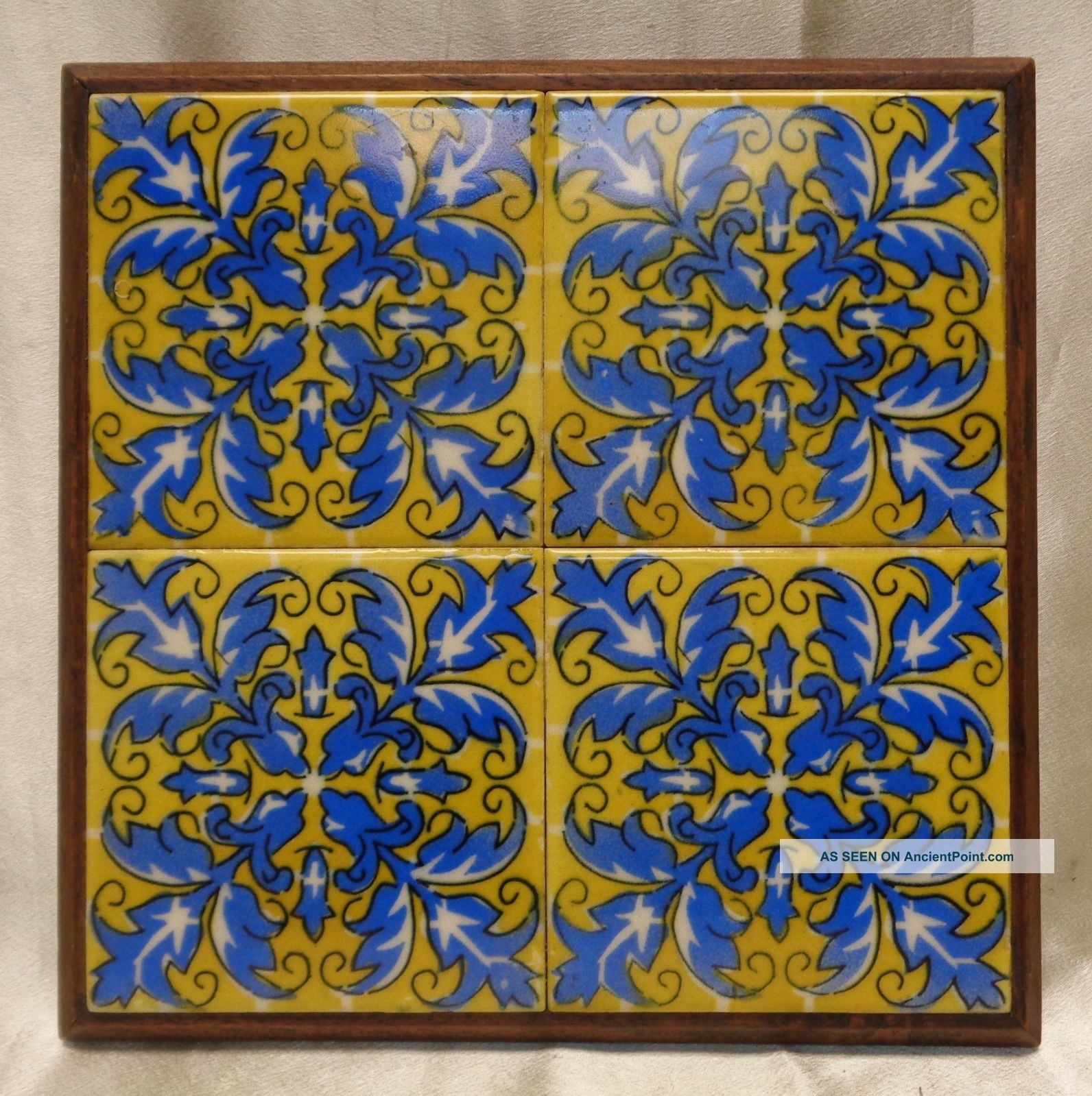 Mexican Vintage Decorative 4 Piece Tile Art Trivet In Antique Wooden Frame Tiles photo