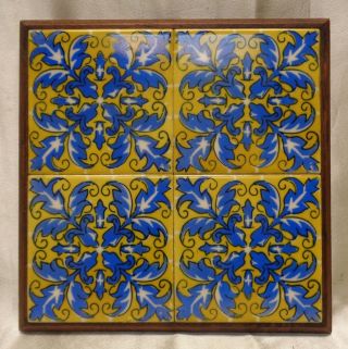 Mexican Vintage Decorative 4 Piece Tile Art Trivet In Antique Wooden Frame photo