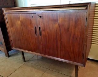 Vintage Midcentury Danish Style Cabinet Buffet Slideout Black Tabletop,  Drawers photo