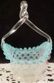 Victorian Art Glass Basket Opalescent Waffle Blue Crimped Edge Raised Flowers, Other Antique Glass photo 5