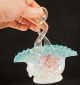 Victorian Art Glass Basket Opalescent Waffle Blue Crimped Edge Raised Flowers, Other Antique Glass photo 8
