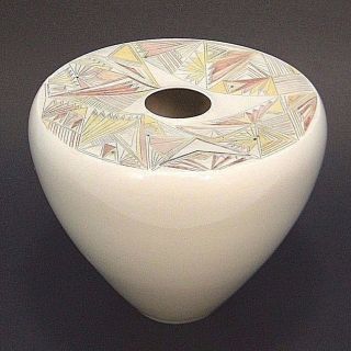 Signed Vintage Mid Century Geometric Modernist Porcelain Studio Art Pottery Vase photo