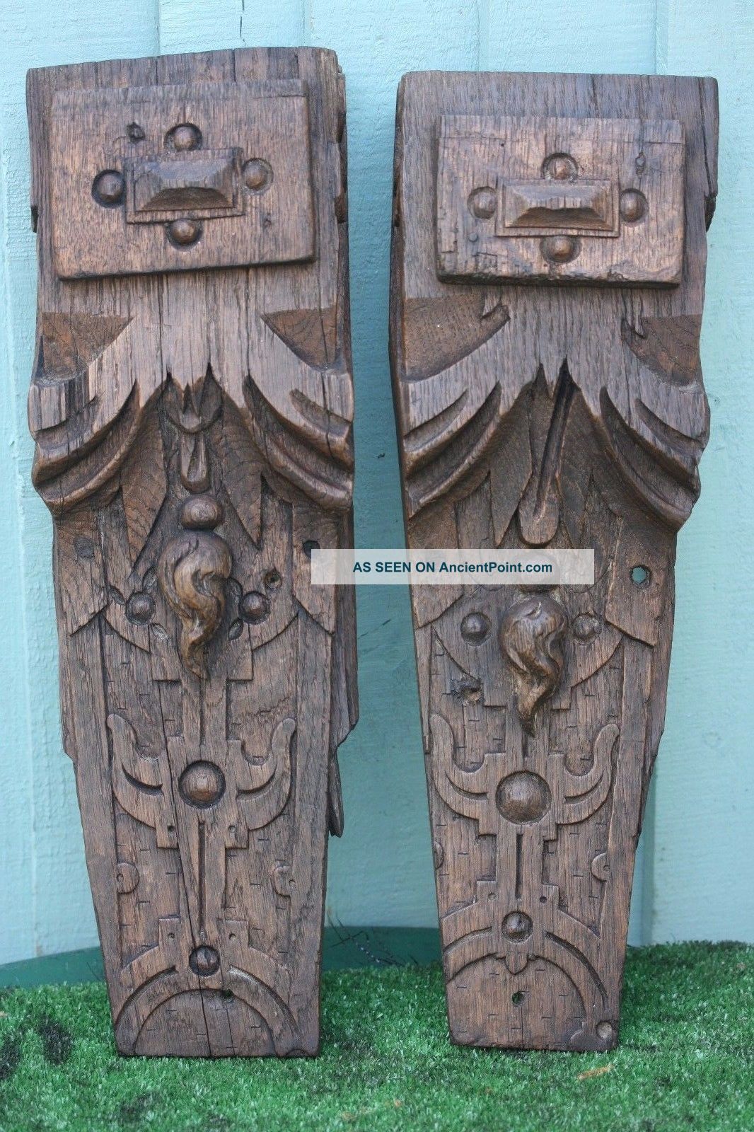 Pair: 16thc Gothic Tudor Period Wooden Oak Large Corbels C1590s Other Antique Woodenware photo