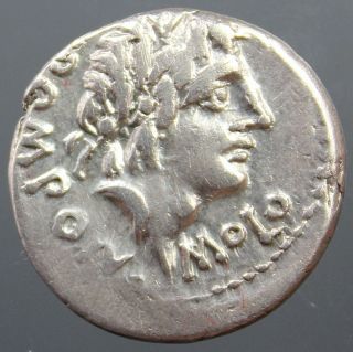 L.  Pomponius Molo,  Silver Denarius,  Apollo,  Numa Pompilius,  Goat,  Altar,  97 Bc photo