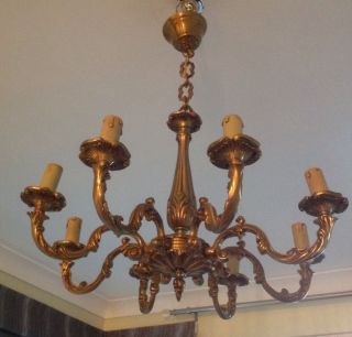 Large Vintage French 8 Arm Chandelier In Gilt Bronze photo