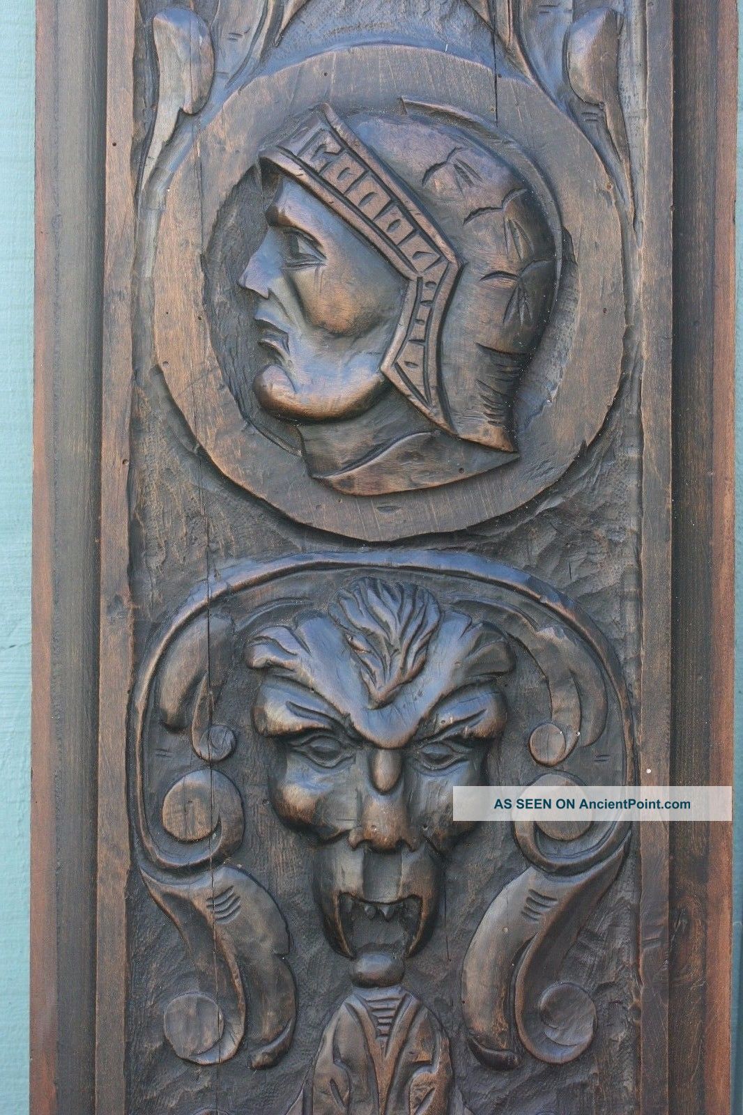 Stunning Early 18th C.  Gothic Wooden Oak Panel With Grotesque Head,  Other C1720s Carved Figures photo