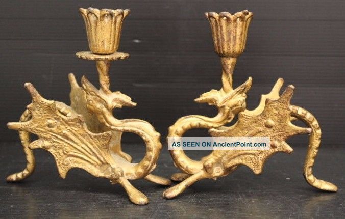 Vintage Antique Ornate Figural Solid Brass Griffin Dragon Candle Sticks Metalware photo