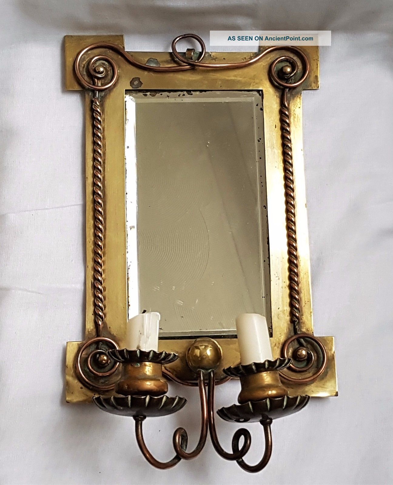Antique Arts & Crafts Girandole Mirror Bevelled Glass - Brass & Copper Arts & Crafts Movement photo