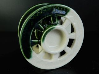 H3826: Japanese Kiyomizu - Ware Oribe Glaze Wheel - Shaped Flower Vase Ikebana photo