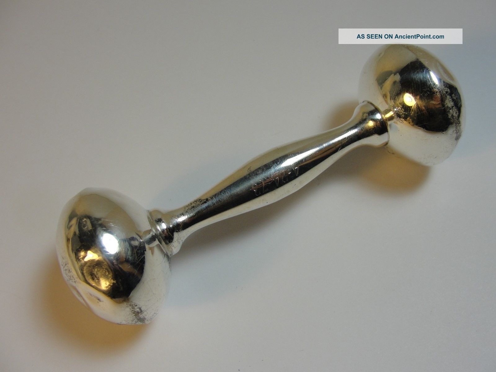 Vintage Web Sterling Silver Dumbbell Baby Rattle Engraved App 3 - 3/4 