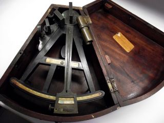 Antique Brass And Ebony Sextant,  George Iii In Mahogany Case,  Unpolished photo