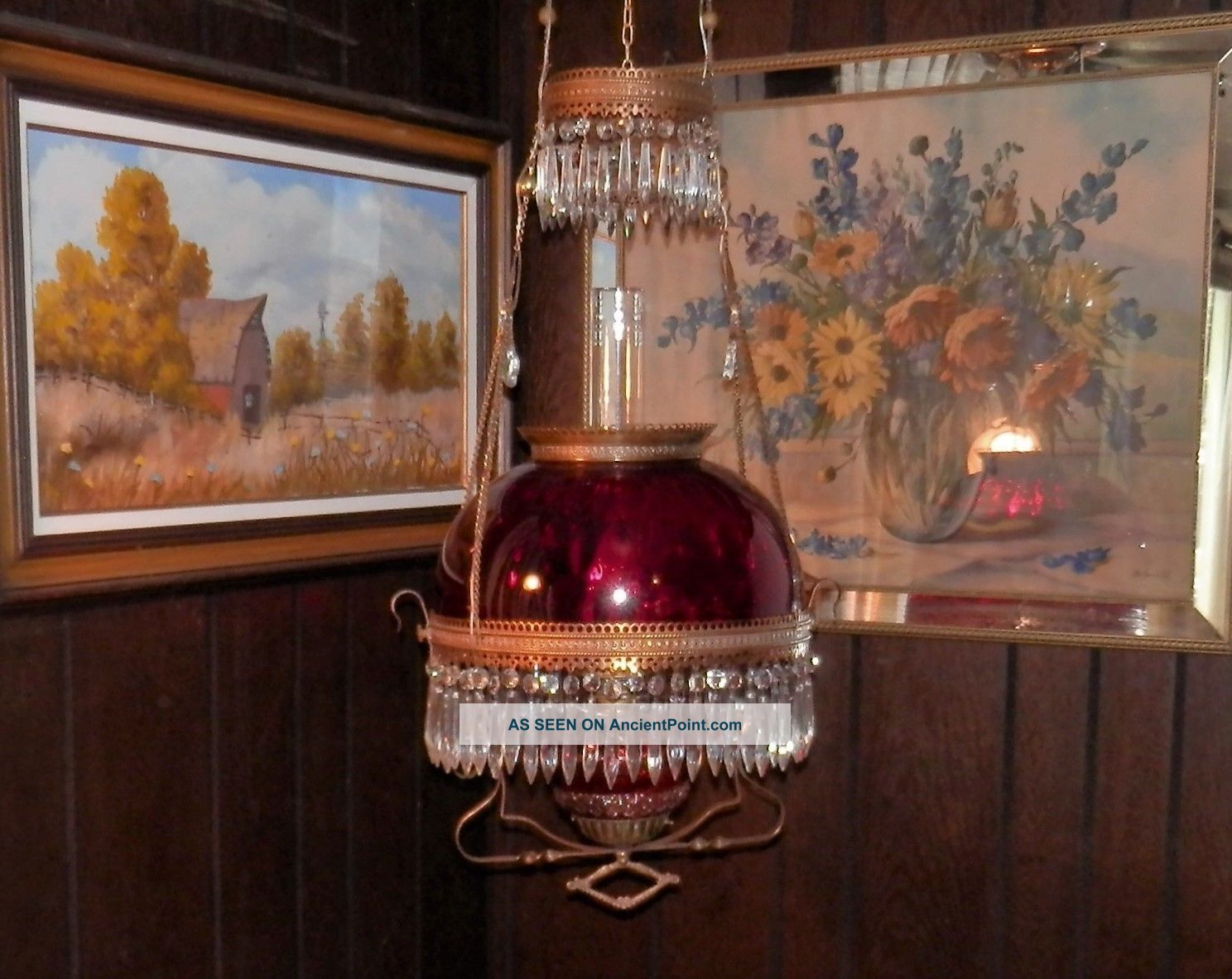 Antique Cranbery Hanging Oil Or Electric Lamp With Bradely & Hubard Puley Lamps photo