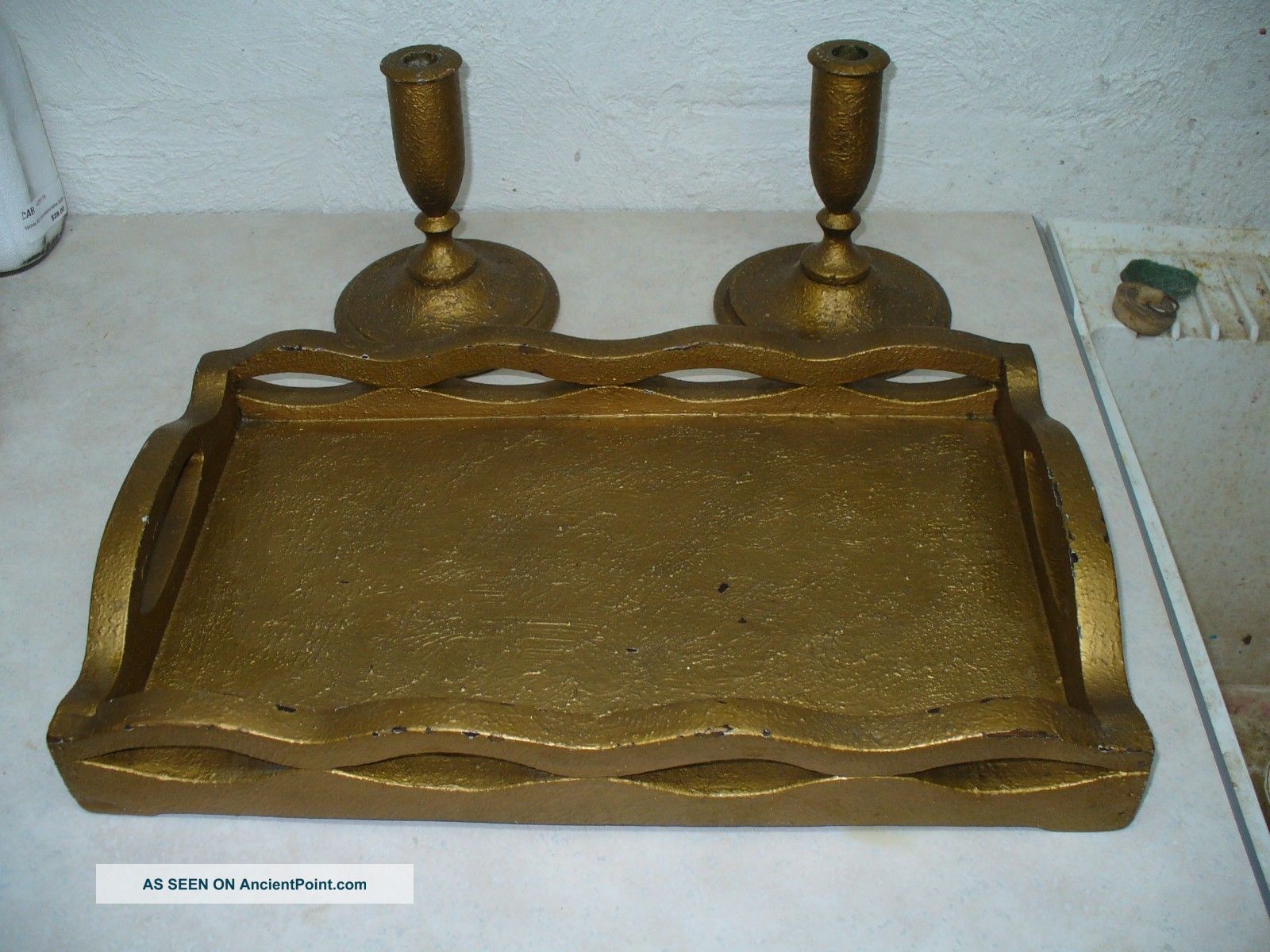 Old 1942 Wooden Serving Tray And Candle Sticks Holders Gold Paint Wedding Gift Trays photo