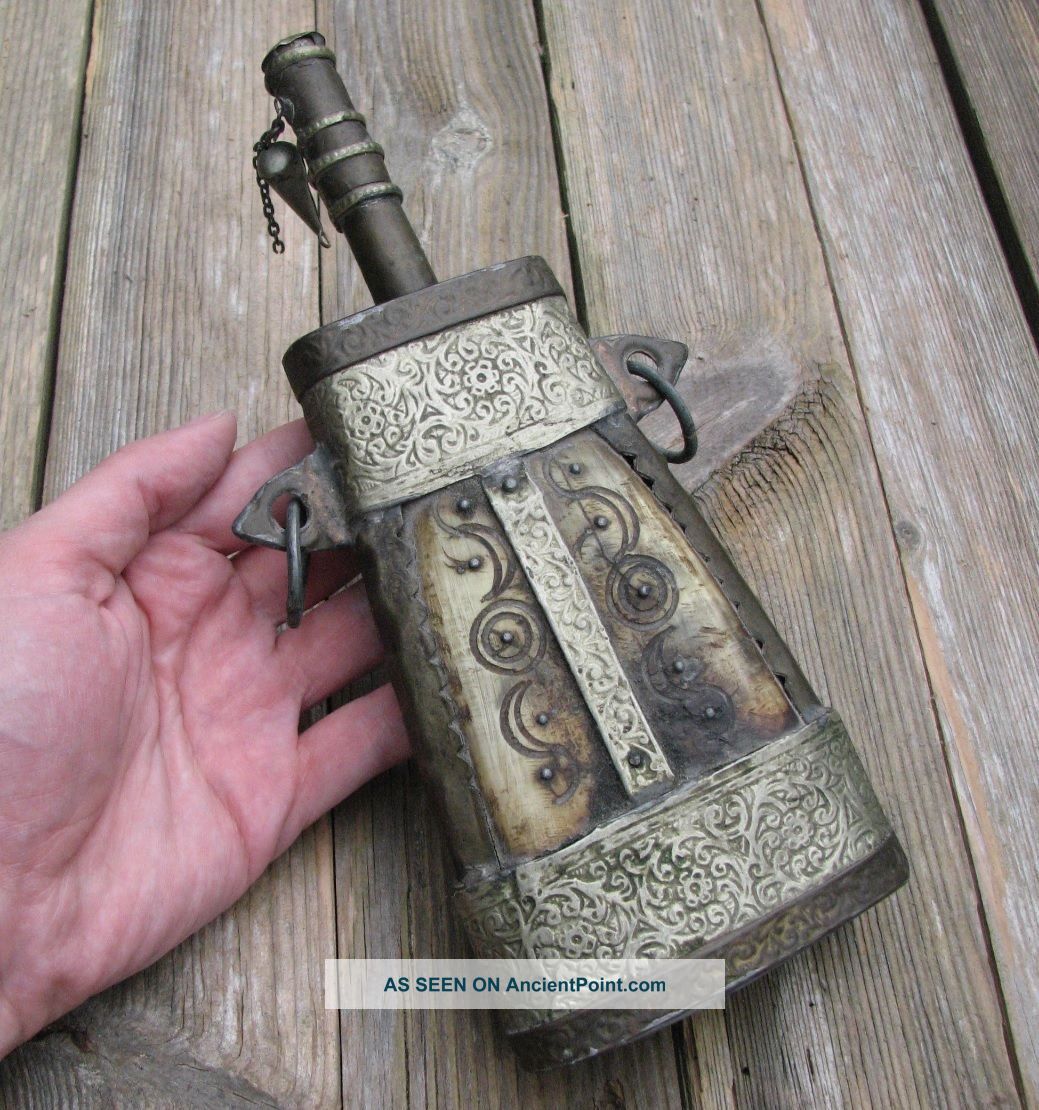 Antique Metal And Bone Powder Flask - Middle Eastern Middle East photo