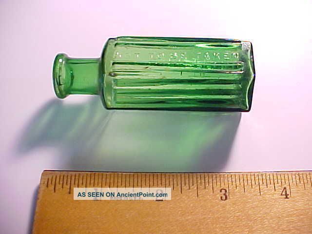 1880s Antique Blue Green 6 Sided Ribbed Miniature Poison Bottle 1 Ounce Vg, Bottles & Jars photo