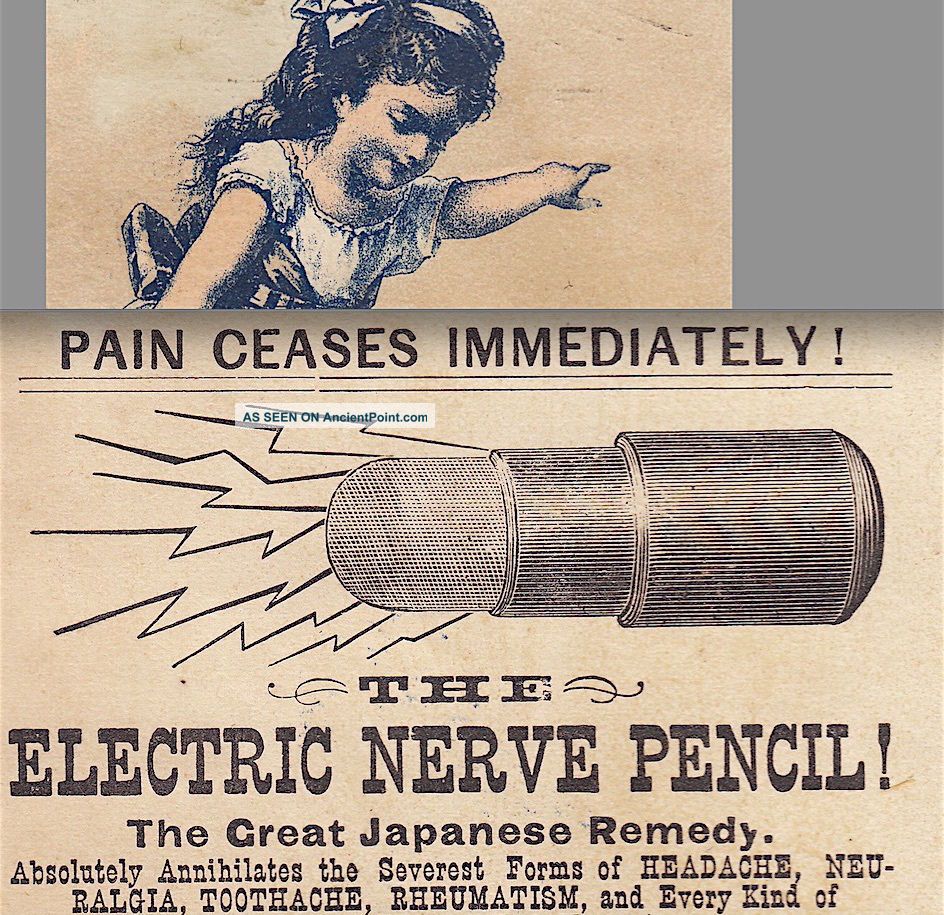 1884 Electric Nerve Pencil Toothache Japanese Pain Remedy Advertising Trade Card Quack Medicine photo