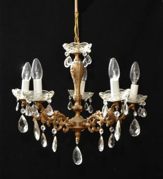 Vintage French 5 Branch Chandelier Ceiling Light Crystals photo