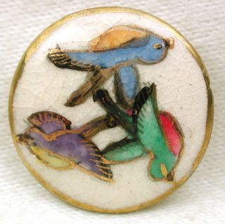Vintage Satsuma Button Hand Painted Colorful Bird Trio W/ Gold Accents 1 
