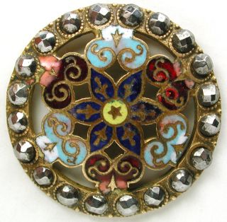 Antique Enamel Button Colorful Pierced Design W/ Cut Steel Border 1 & 1/8 