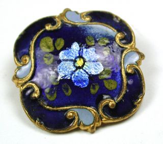 Antique Square Cobalt Enamel Button Flowers Over Foil W Fancy Brass Border 15/16 photo