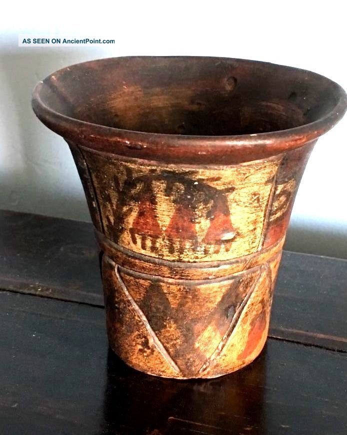 Pre - Columbian Inca Polychrome Carved Wood Kero,  Beer Cup Latin American photo