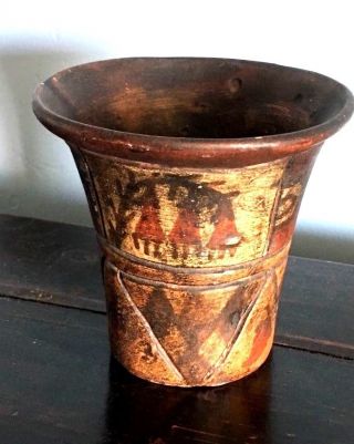 Pre - Columbian Inca Polychrome Carved Wood Kero,  Beer Cup photo