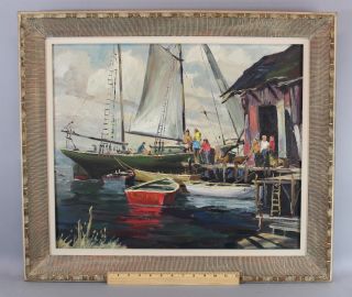 Vintage 1959 Bird Spencer Newman Jersey Seascape Docked Boats Oil Painting photo