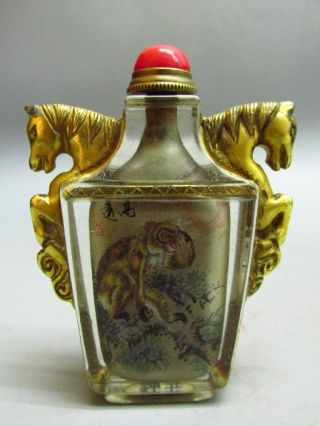 Chinese Exquisite Glass Inside - Drawing Monkey Snuff Bottle - Gold - Plated Two Ho photo