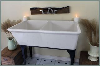 Awesome 1956 Vintage Fords Dual Basin Sink With Decorative Metal Base photo