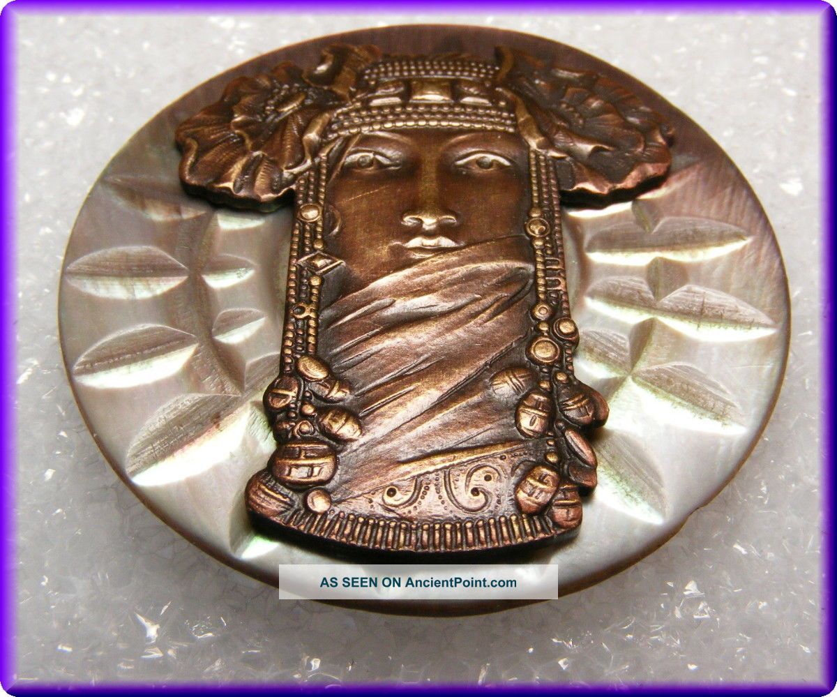 Carved Glowing Iridesent Mop Button W Ome Art Nouveau Brass Exotic Princess Buttons photo